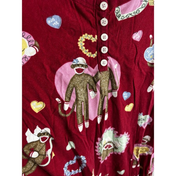 Nick And Nora Nightgown Shirt Valentines Day Sock Monkeys XL Red Long Sleeve - Picture 3 of 10